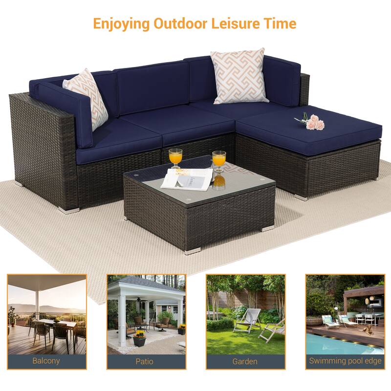 LIVOOSUN 5Pcs Outdoor Furniture Conversation PE Rattan Wicker Sofa Set