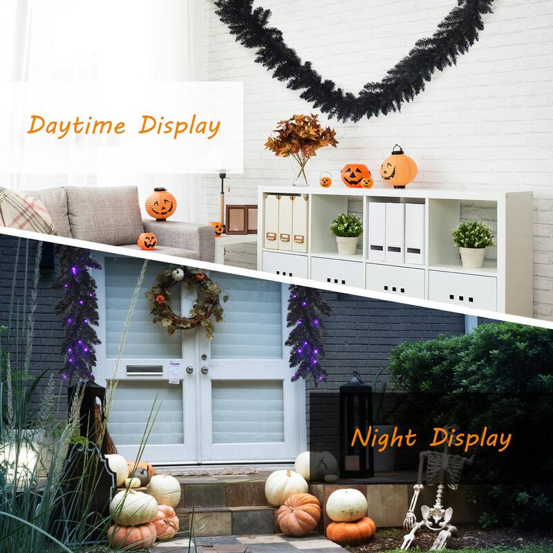 Gymax 9FT Pre-lit Black Halloween Garland Christmas Rattan w/ LED