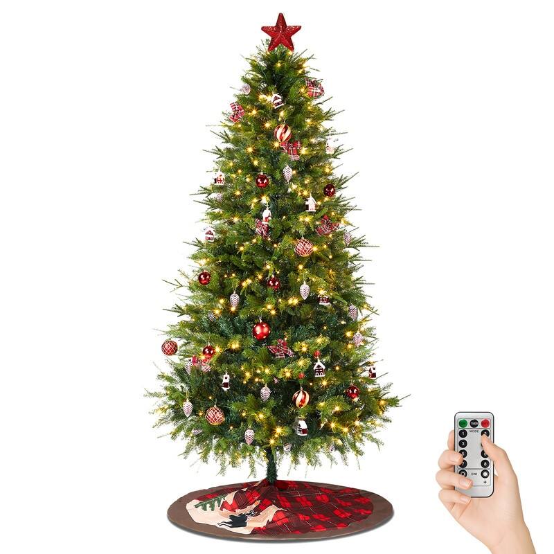 7.5 FT Artificial Christmas Tree with LED Lights, Hinged Xmas Pine Tree with Tree Skirt and Holiday Ornaments for Holiday Party