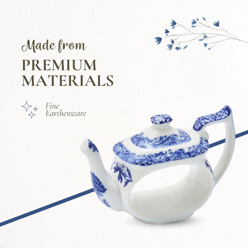 Spode Set of 4 Blue Italian Teapot Napkin Rings - 2.5"