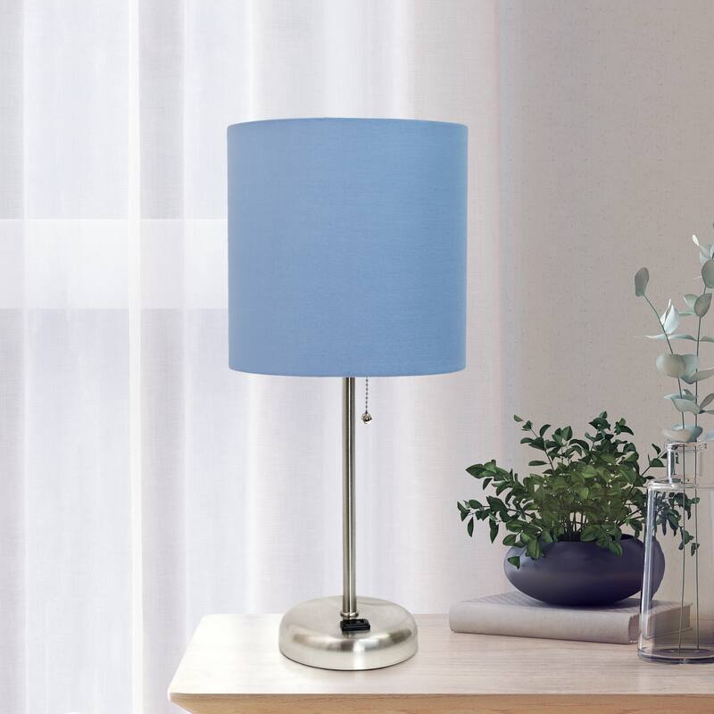 19.5" Power Outlet Metal Lamp in Steel w Aqua Shade