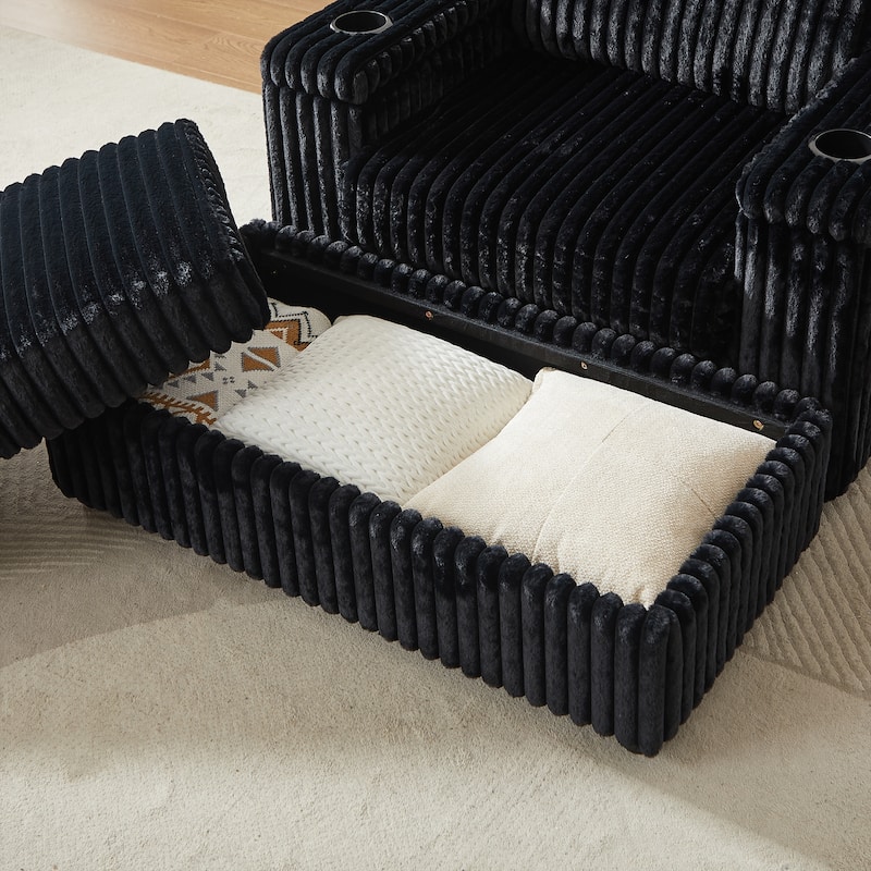 84Inch Corduroy Sofa with 3 Back Pillows,2 Toss Pillows,2 Ottoman,2 Footstool Storage and Cup-Holding Grooves Comfy Sofa