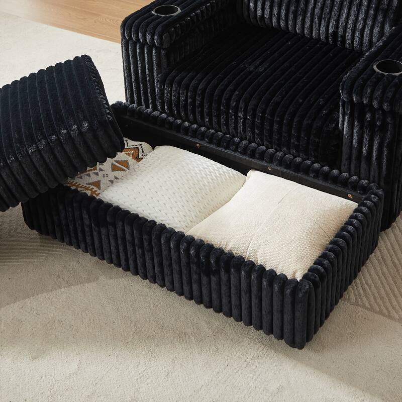 Anmytek 84 Inch Corduroy 3-Seater Deep Seat Sofa with Ottoman Storage Cup Holders and Pillows