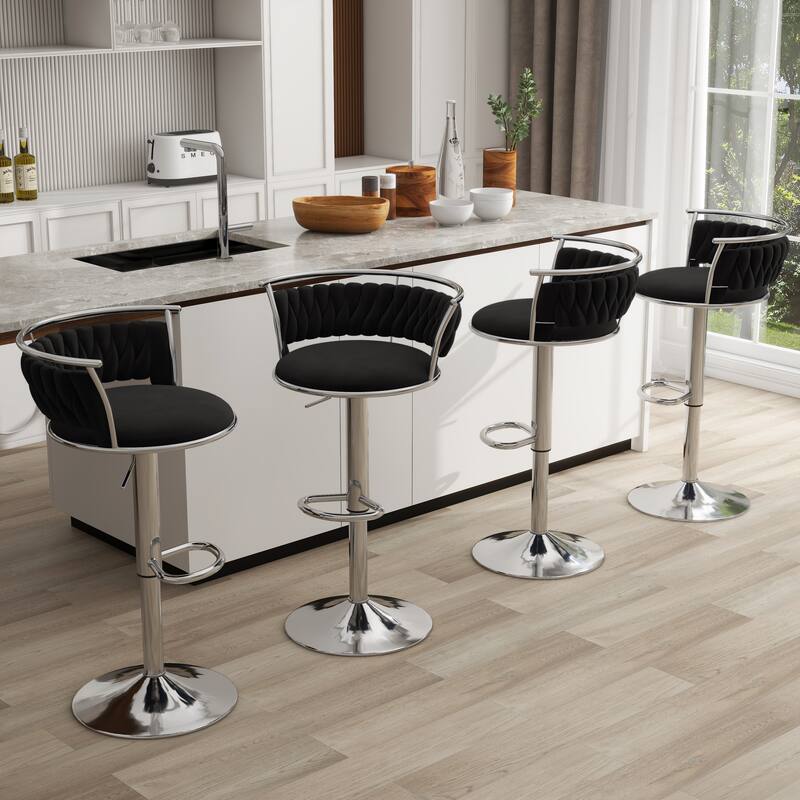 4 Set Modern Velvet Adjustable Swivel Bar Stools with Metal Frame