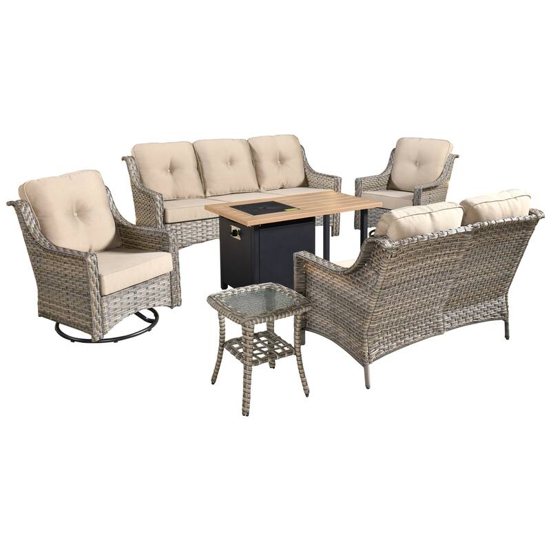 HOOOWOOO 6-piece Wicker Outdoor Conversation Set Swivel Chairs with Fire Pit