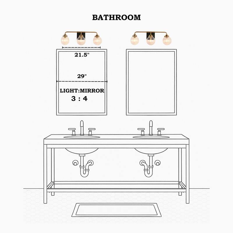 Modern Black Gold 3-Light Bathroom Vanity Light Wall Sconces with Ribbed Glass - L 21.5" x W 6.5" x H 8"