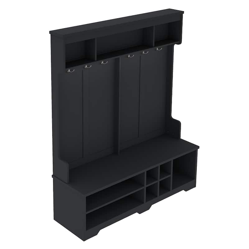 Hall Tree with Metal Hooks & Shoe Storage, Modern Entryway Bench with Cubbies
