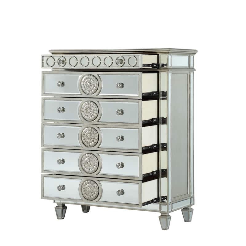Mirror Accented Chest with 6 Sunburst Motif Storage Drawers, Silver