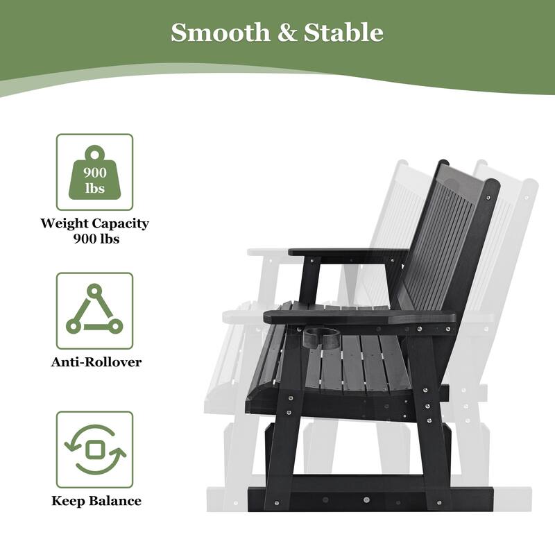 HIPS Patio Glider 2-Seat with Cup Holders, Heavy Duty 900 LB, All-Weather Resistant