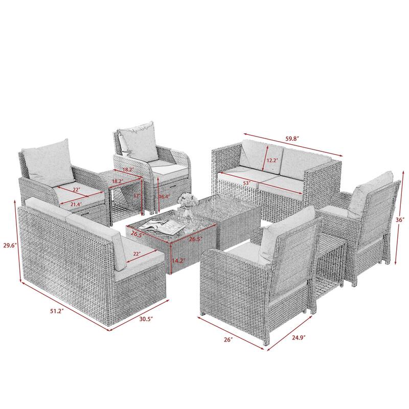 Patio 12-piece Rattan Conversation Sectional Sofa Set With Cushion