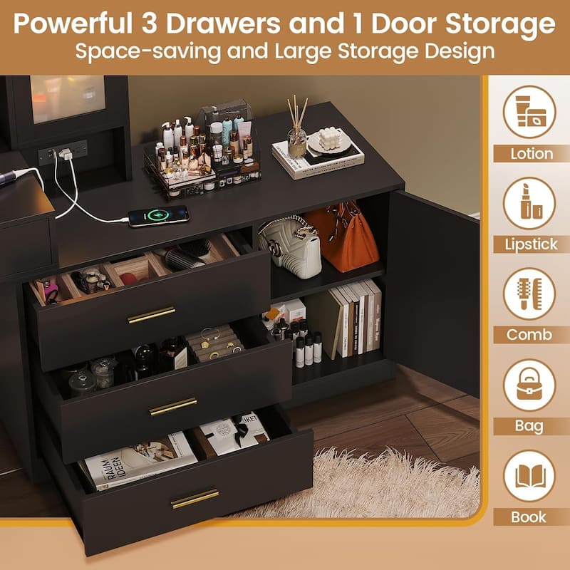 Makeup Vanity Desk Light Bulbs & RGB Cabinets Drawers Storage Shelves