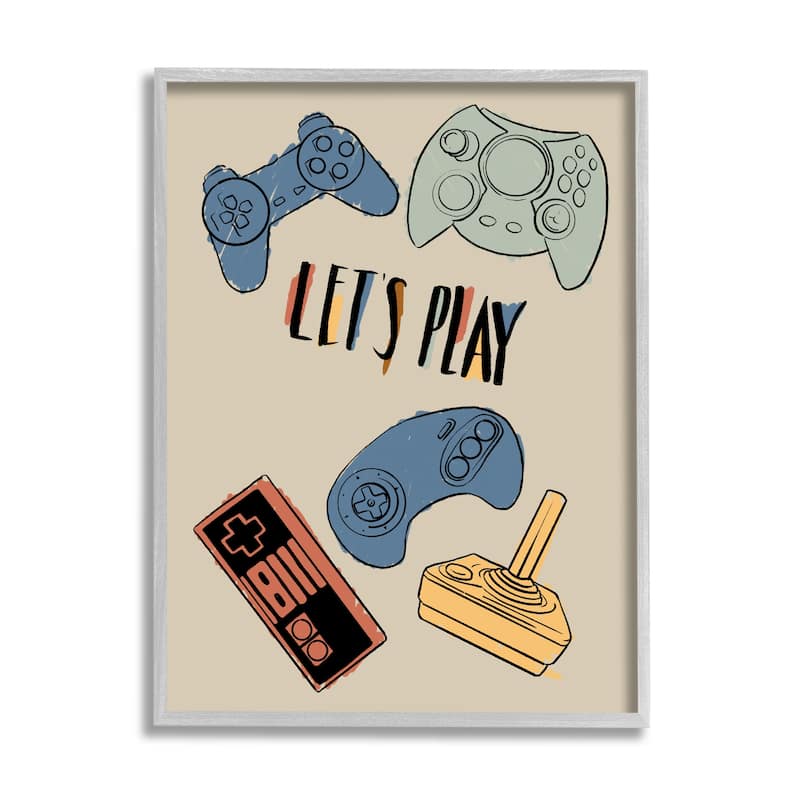 Stupell Let's Play Phrase Vintage Video Game Controllers Framed Wall Art
