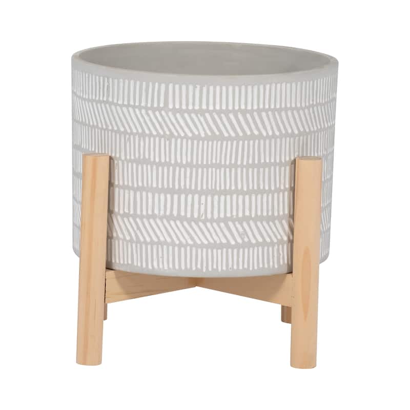 Sagebrook Home Neutral Ceramic Ivory Line Design Planter on Wooden Stand