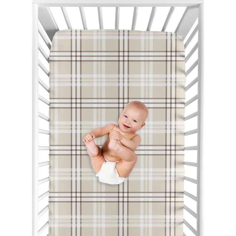 Sweet Jojo Designs Taupe Plaid Boy, Girl Gender Neutral Fitted Crib Sheet - Brown Tan Checkered Tartan for Teddy Bear Collection