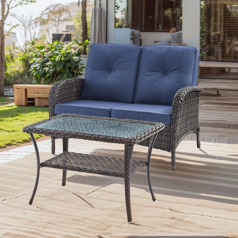 Patio Loveseat Wicker Outdoor Couch - Brown - Brown - Blue