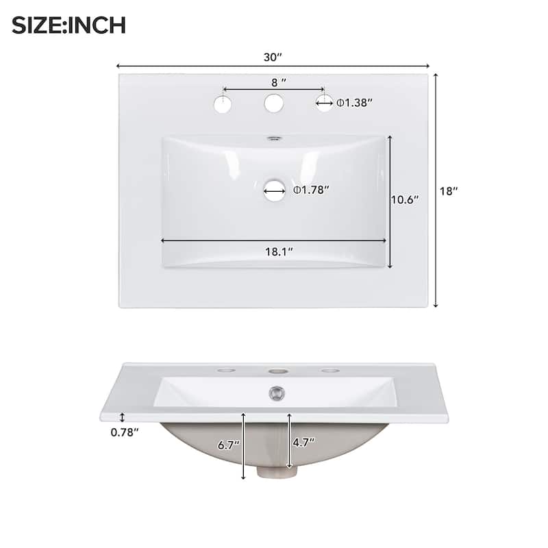 30-Inch Bathroom Vanity with Ceramic Sink, Adjustable Shelf, Soft Close Door, and Three Soft Close Drawers 