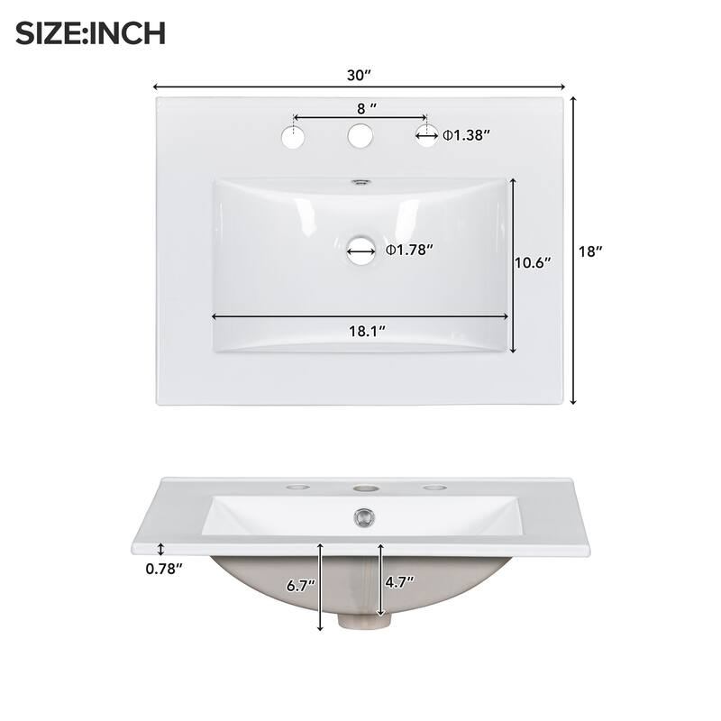 30-inch bathroom vanity with sink,with 3 drawers,adjustable shelves,freestanding vanity set with mirror cabinet,single sink