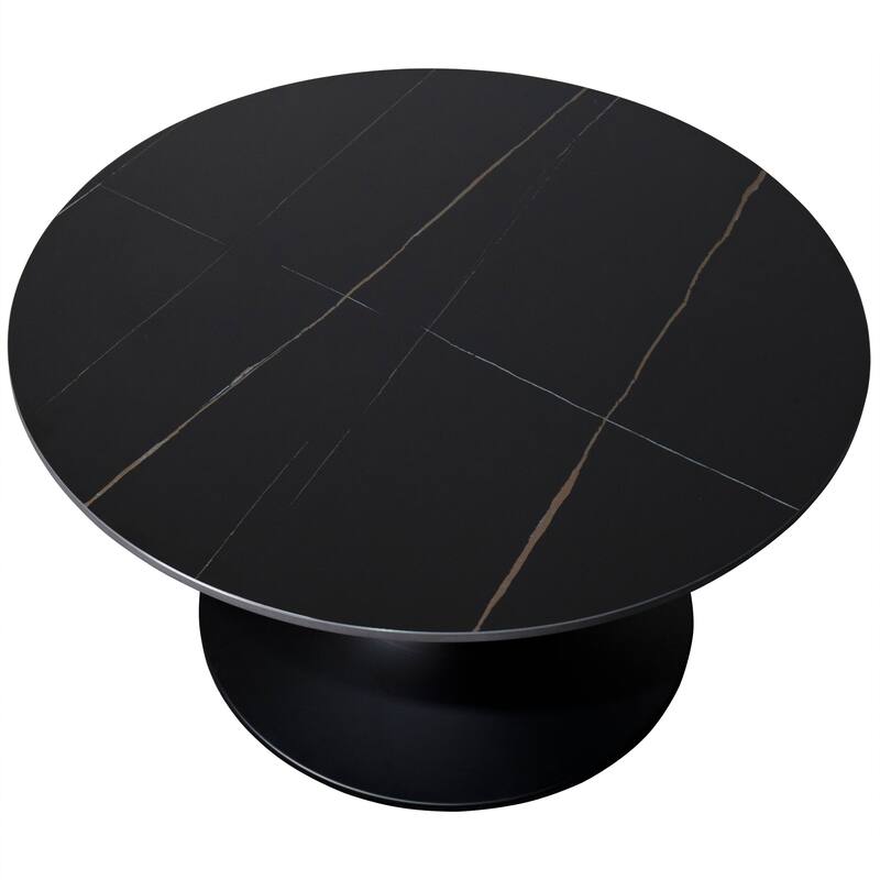 LeisureMod Verve 24" Round Coffee Table with Sintered TableTop and Black Steel Base for Living & Bedroom