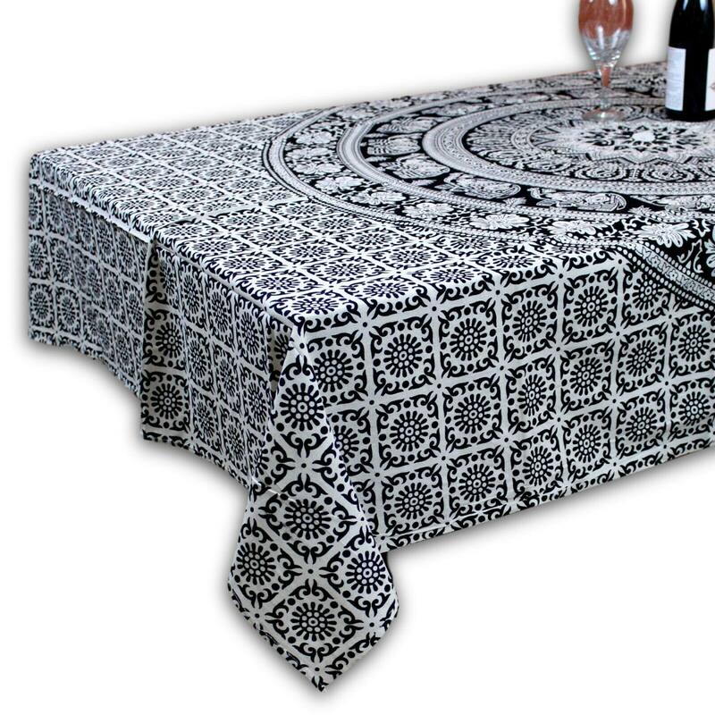 Cotton Elephant Floral Paisley Tablecloth 60x90 Blue Pink Black White - 55 x 85 inches