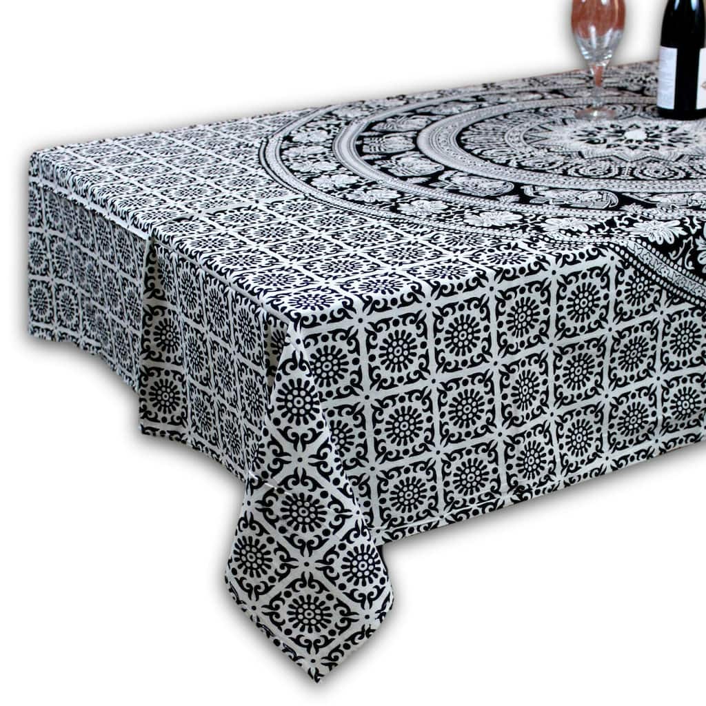 Cotton Elephant Floral Paisley Tablecloth 60x90 Blue Pink Black White - 55 x 85 inches
