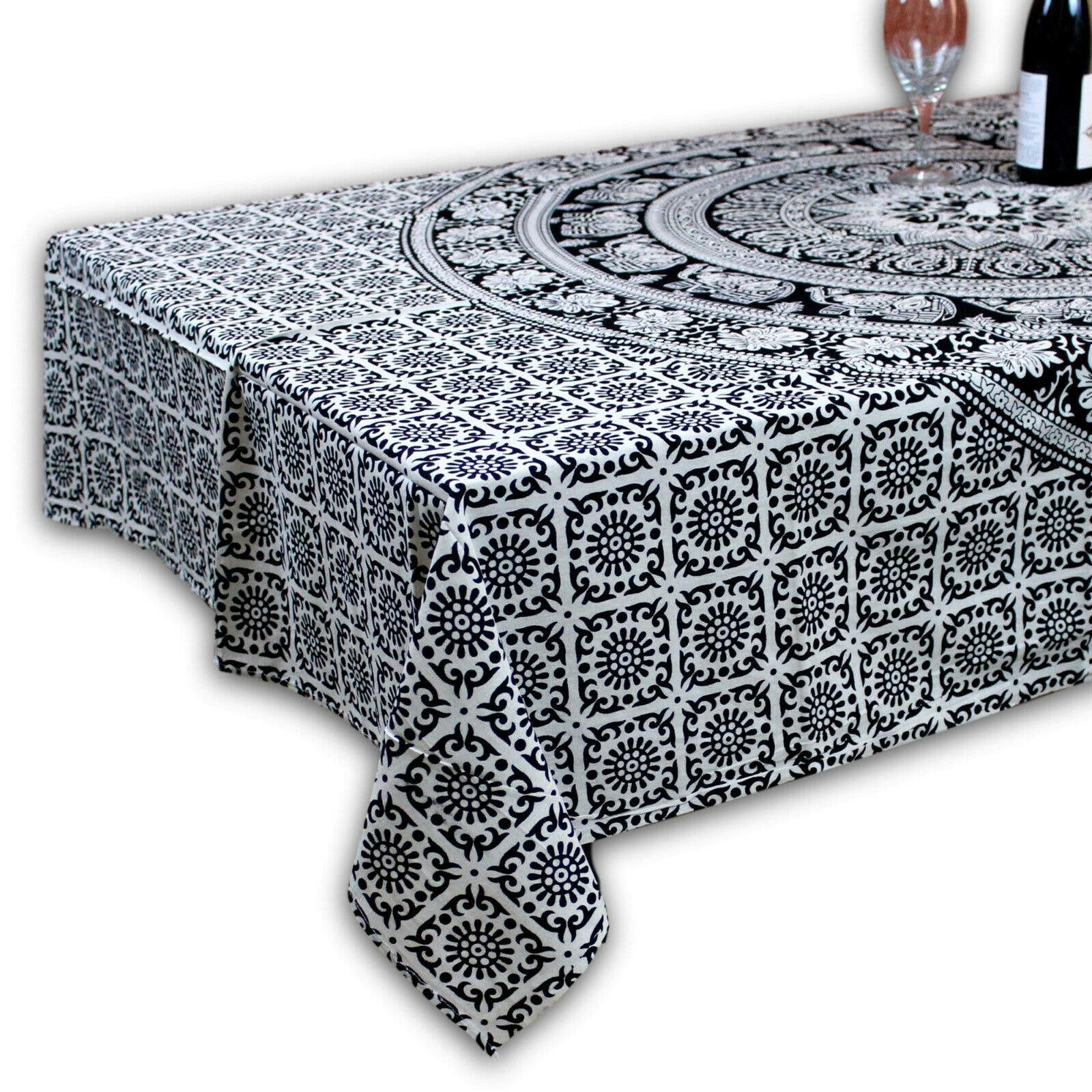 Cotton Elephant Floral Paisley Tablecloth 60x90 Blue Pink Black White - 55 x 85 inches