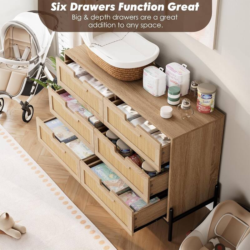Natural Rattan 6 Drawer Dresser Boho Dresser with Chest of Drawers Modern Storage Cabinet