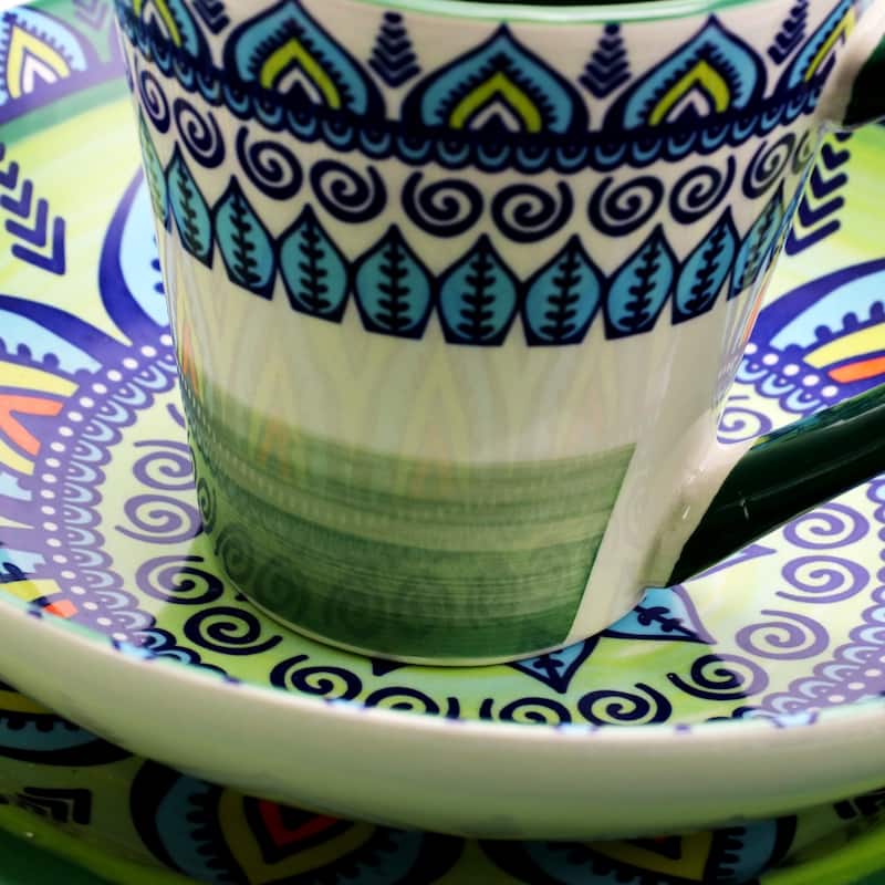 Intricate Floral Pattern Round Stoneware Dinnerware Set in Moss 16 Pieces