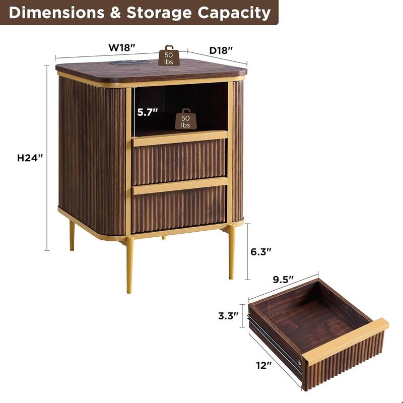 Modern Luxury Fluted Nightstand with faux marble tabletops, End Table