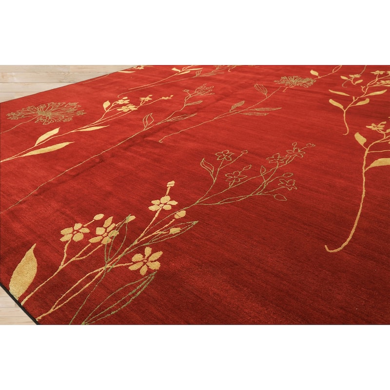 8x10 Hand Knotted Wool & Silk Red Transitional Floral Tibetan Rug - 8' x 10'
