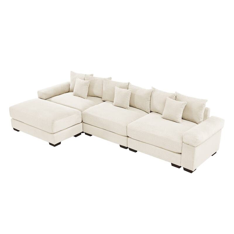 GDFStudio - Corduroy L-Shaped 3-Seater 130" Cloud Modular Sectional Couch with Ottoman