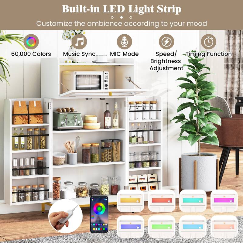 Gymax Kitchen Pantry Cabinet Power Outlet & APP Control LED Lights