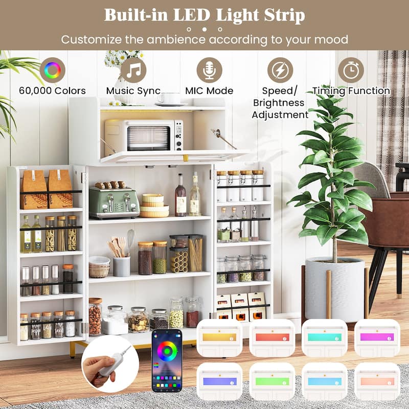 White-Gold MDF and Metal Kitchen Pantry Cabinet with LED Lights and USB Ports - 23.5" x 12" x 43.5"