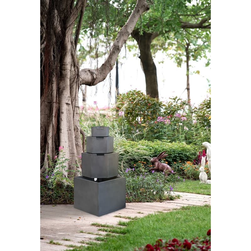 19.7x19.7x41.7" Gray Cement 4 Tier Block Water Fountain Outdoor