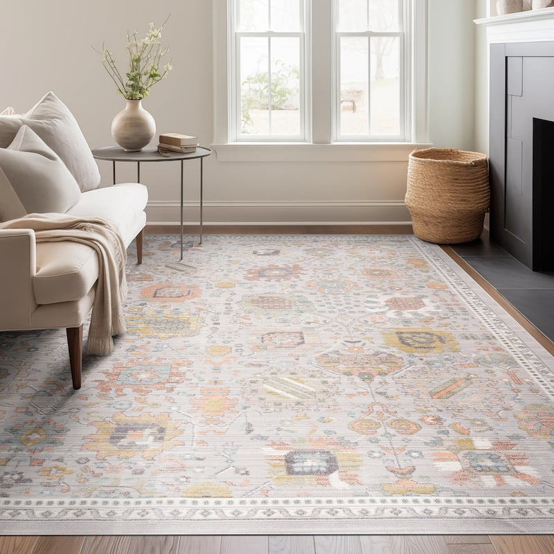 Crosswood Alyssa Traditional Floral Indoor Polyester Area Rug - 5'3'' x 7' - Gray/Aqua
