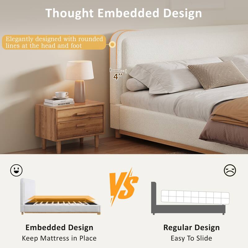 King/Queen Size Bed Frame with Boucle Upholstered Curved Headboard and Solid Wood Platform