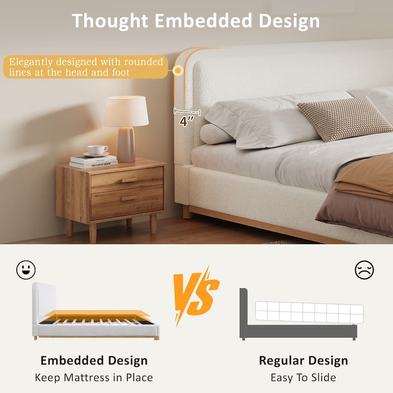 White Platform Bed Wingback Frame with Boucle Upholstered Curved Headboard, Solid Wood Base Low Profile Bed