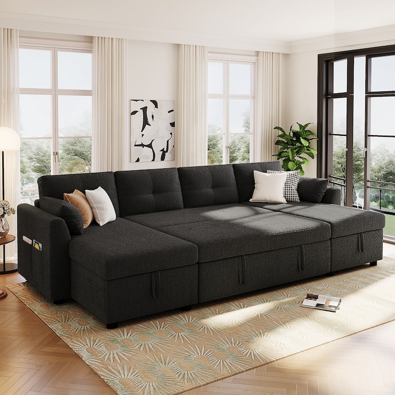 Teddy Fabric Sectional Sofa Convertible Sleeper Sofa Modern U-Shaped Couch Dual Storage Chaise Lounge with Pockets and USB Ports - Black