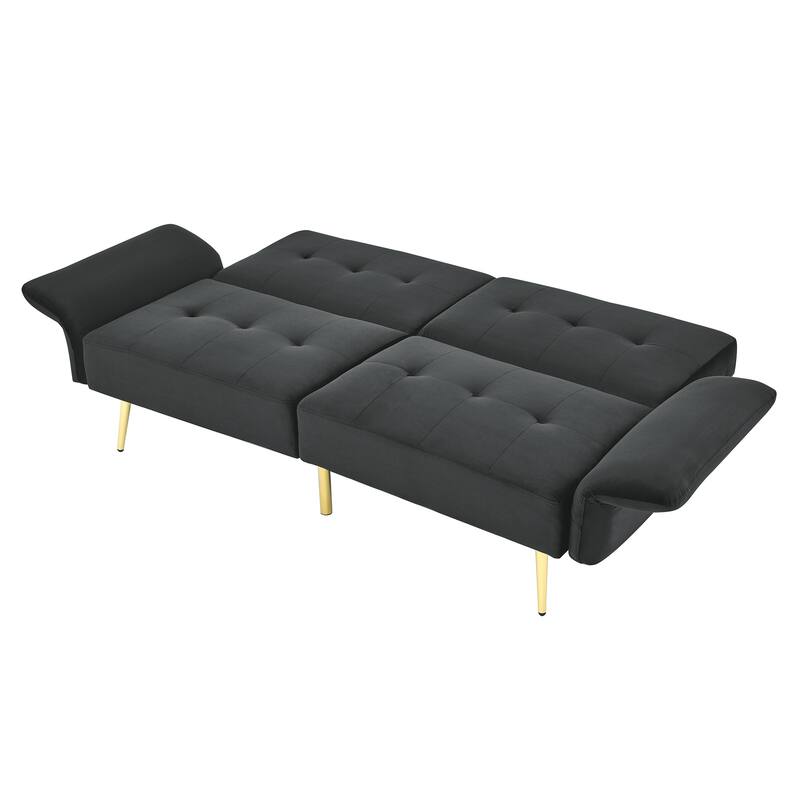Velvet Futon Sofa Bed with Folded Armrests