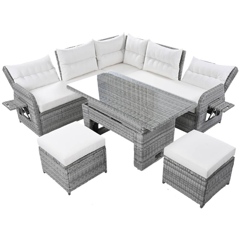 Outdoor Rattan Furniture Set with Adjustable Table, Recliners and 2 Ottomans