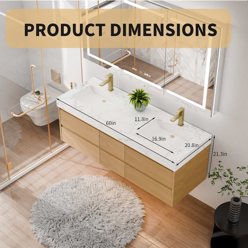 Modland 60" Floating Bathroom Vanity, Modern Maple Wood Wall Mounted Vanity with Marble Countertop,6 Soft-Close Drawers