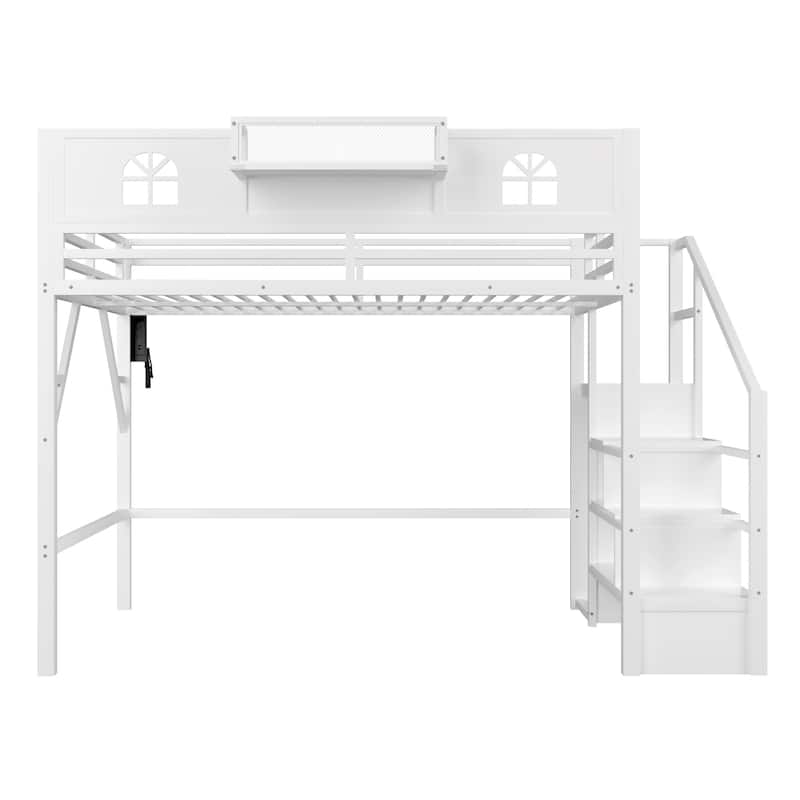 Full / Queen Size Loft Bed with Stairs, House Shaped Guardrails, and Wardrobe Storage