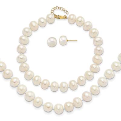 Curata 14k Yellow Gold 8-9mm Cultured Pearl Earrings, 7.25"Bracelet and 18"Necklace Set