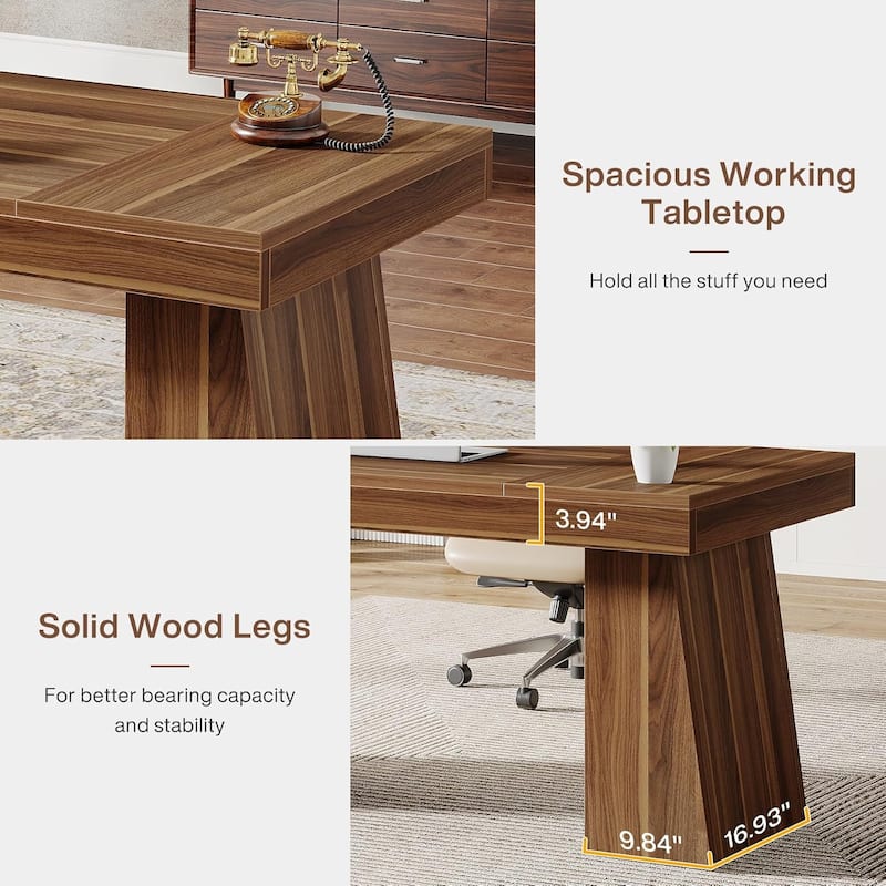 55 Inches Mid-Century Executive Desk with Double Trapezoid Base