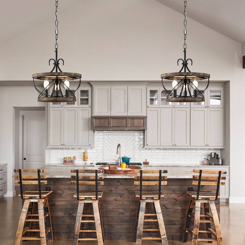 Cusp Barn 5-Light Farmhouse Wood Chandelier Adjustable Handmade Rustic Drum Ceiling Light Fixture Hanging Lamp for Foyer Kitchen