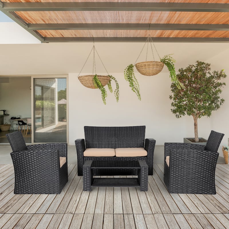 Grandview 4-piece Black Wicker Outdoor Patio Conversation Set - Beige