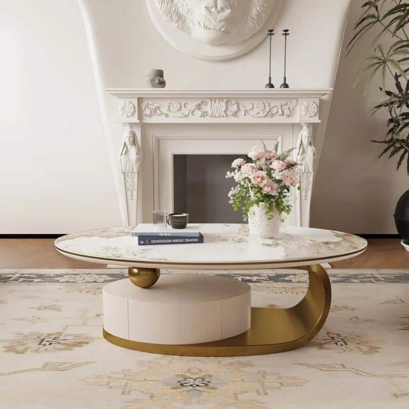 51.18” Thick Burnished Stone Coffee Table with Drawers and Gold Stainless Steel Base - 7'6" x 10'9"