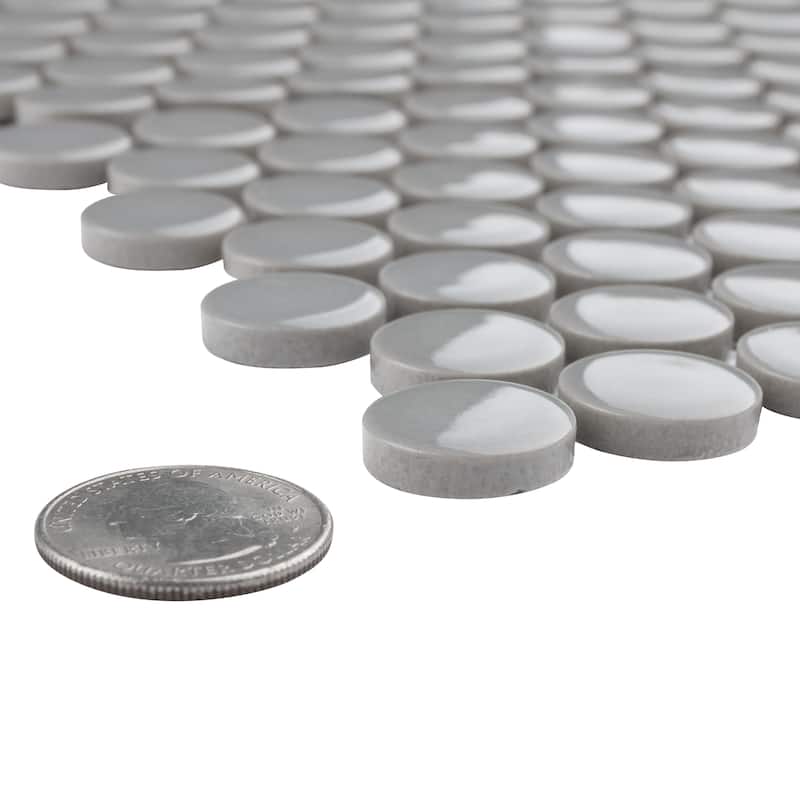 Merola Tile Metro Penny Round Light Grey Glossy 10" x 12" Porcelain Mosaic Floor and Wall Tile