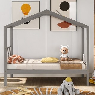 Gray Twin Size Wood House Bed w/ Storage Space Platform Bed Frame for Kids,Teens,Girls,Boys No Box Spring Needed, Easy Assembly
