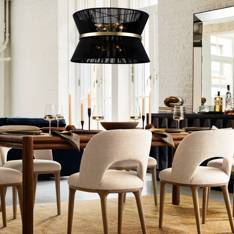 24 inch 8-Light Modern Farmhouse Large Round Chandelier Patinaed Brass/ Bleached Tiered Drum Natural Hand-woven Rope Chandelier