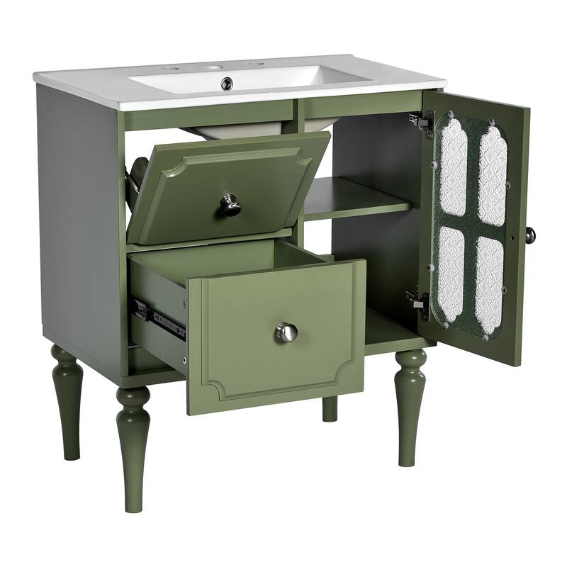 30 Inch Single Sink Freestanding Bathroom Vanity in Green with White Ceramic Top
